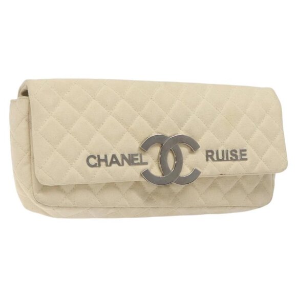 CHANEL Cruise Line Matelasse Clutch Bag Cream Silver CC Auth 118381 - Picture 1 of 14